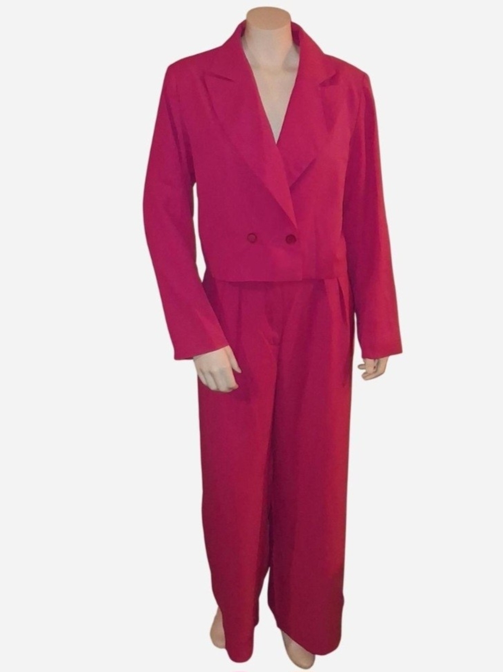 Fuchsia Double-Breasted Cropped Blazer Wide-Leg Pantsuit